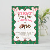 Pink Bows First Year Down Football 1st Birthday Einladung (Stehend Vorderseite)