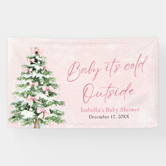 Pink Bows Girl Baby It's Cold Outside Baby Shower Banner (Horizontal)
