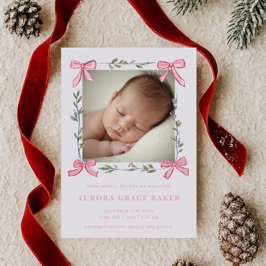 Pink Bows Greenery Christmas Berries Baby Ankündigung