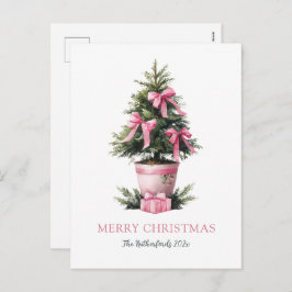 Pink Bows Merry Christmas Tree Postcard Feiertagspostkarte