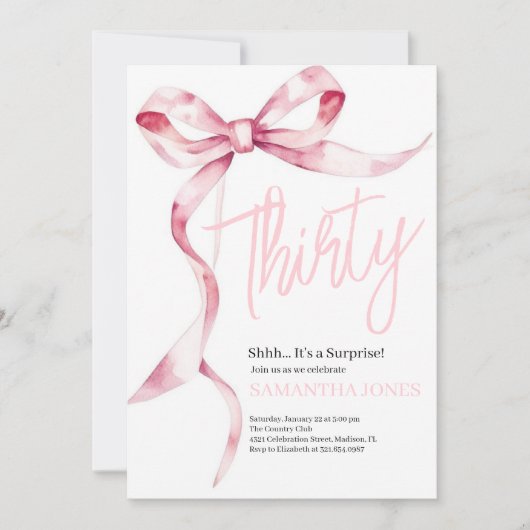 Pink Bows Modern 30. Geburtstag Party Einladung (Vorderseite)