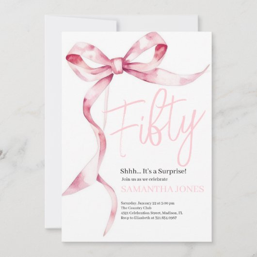 Pink Bows Moderne 50. Geburtstagsparty Einladung (Vorderseite)