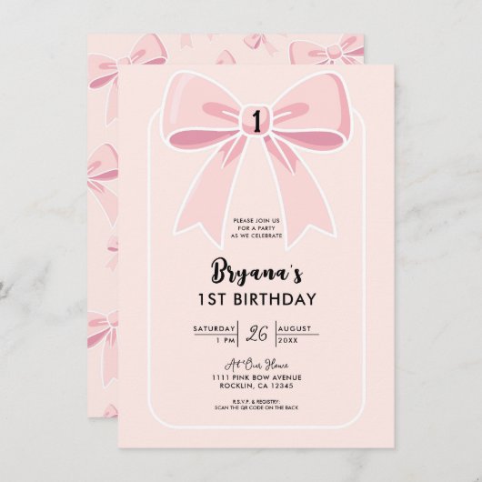 Pink Bows Niedlich Coquette Hütte Chic 1. Geburtst Einladung (Vorne/Hinten)
