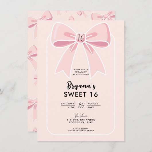 Pink Bows Niedlich Coquette Hütte Chic Sweet 16 Einladung (Vorne/Hinten)