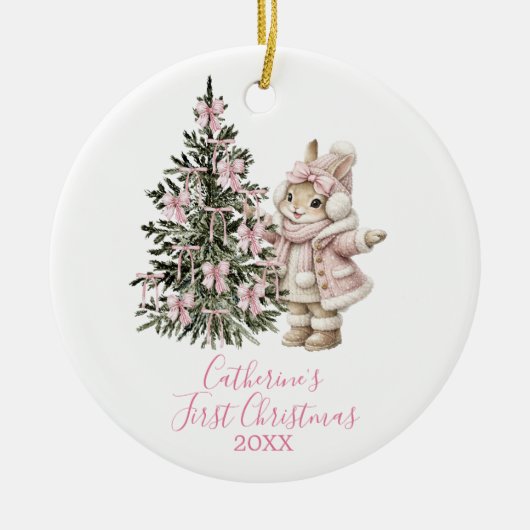 Pink Bows Pine Tree Christmas Bunny Winter Keramik Ornament (Vorne)