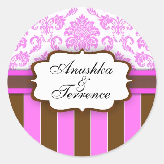 Pink-braune Damask Stripe Hochzeitsticker Runder Aufkleber (Vorderseite)