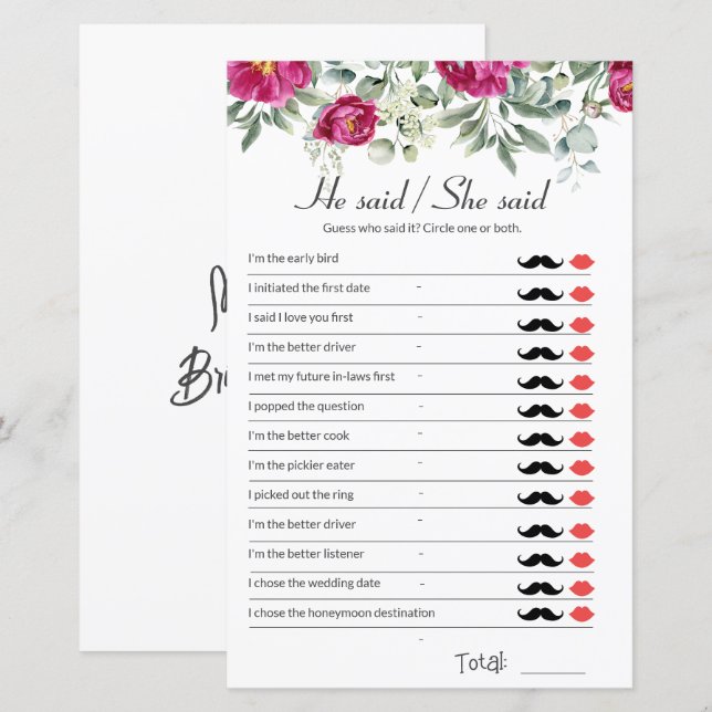 Pink Brautparty Game sagte er sagte, sie sagte (Vorne/Hinten)