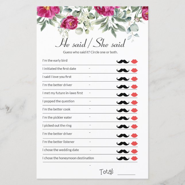 Pink Brautparty Game sagte er sagte, sie sagte (Vorderseite)