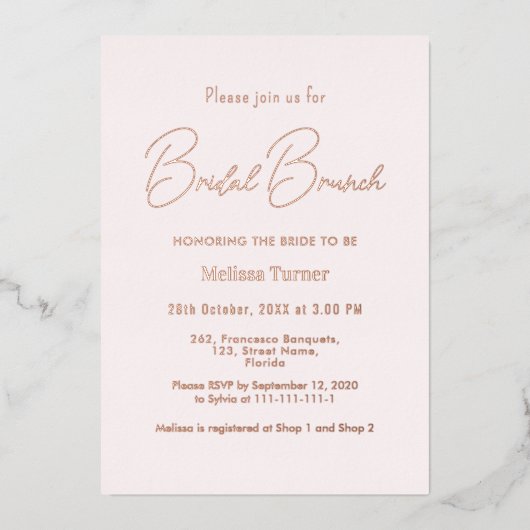Pink Bridal Brunch-Kalligrafie Folieneinladung (Vorderseite)