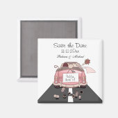 Pink Bride and Groom Getaway car "Save the Date" Magnet (Vorderseite/Rückseite)