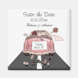 Pink Bride and Groom Getaway car "Save the Date" Magnet