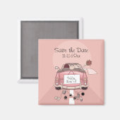 Pink Bride and Groom Getaway car "Save the Date" Magnet (Vorderseite/Rückseite)