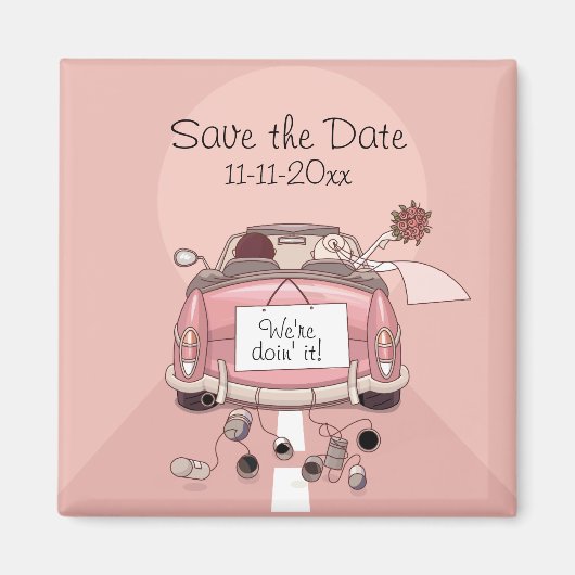 Pink Bride and Groom Getaway car "Save the Date" Magnet (Vorne)