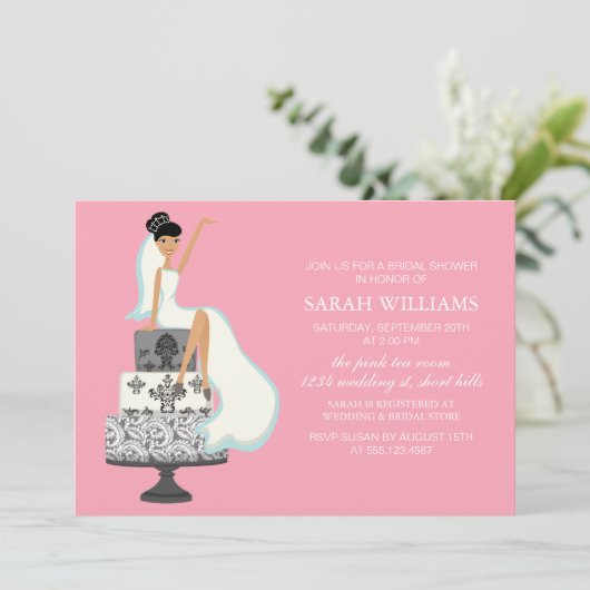 Pink Bride on Wedding Cake Einladung (Stehend Vorderseite)