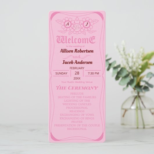 Pink Bright und Fett Hochzeitsprogramm (Stehend Vorderseite)