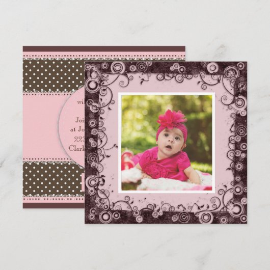 Pink & Brown Baby Einladung zum ersten Geburtstag (Vorne/Hinten)