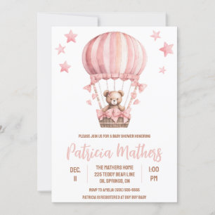 Pink & Brown Bear in Hot Air Ballon Babydusche Einladung