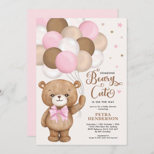 Pink Brown Beary Niedlich Teddy Bear Girl Babydusc Einladung (Vorne/Hinten)