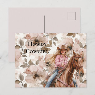 Pink Brown Blond Cowgirl Southwestern Floral Howdy Postkarte