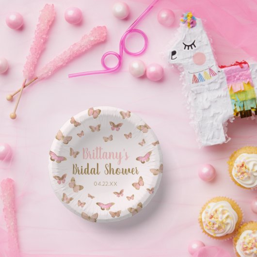Pink Brown Butterfly Themed Brautparty Pappteller (Party)