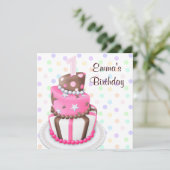 Pink Brown Cake präsentiert Mädchen 1. Geburtstag Einladung (Stehend Vorderseite)