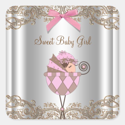 Pink Brown Carriage Baby Shooting Label Quadratischer Aufkleber (Vorderseite)