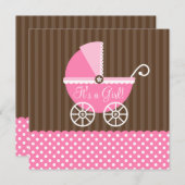 Pink Brown Carriage Dots Girl Babydusche Einladung (Vorne/Hinten)