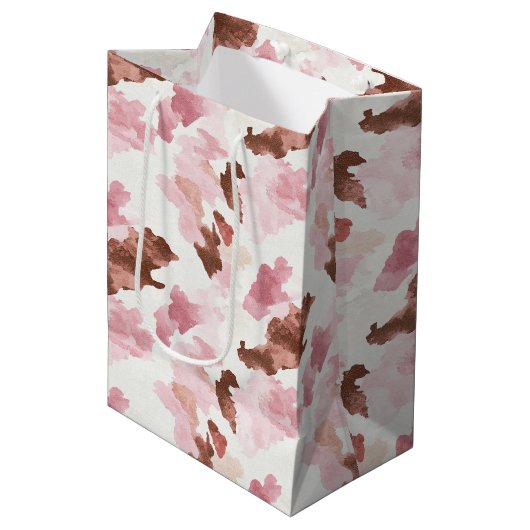 Pink Brown Cowgirl Kuh Print Animal Brautparty Mittlere Geschenktüte (Vorderseite Schrägansicht)