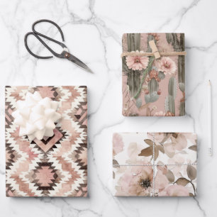 Pink Brown Cowgirl Southwestern Floral Geburtstag Geschenkpapier Set