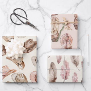 Pink Brown Cowgirl Southwestern Hat Boots Birthday Geschenkpapier Set