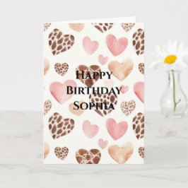 Pink Brown Cream Leopard Tierherzen Geburtstag Karte