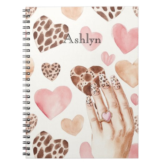 Pink Brown Cream Leopard Tierherzen Hand Notizblock (Vorderseite)