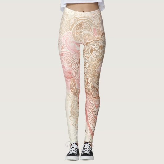 Pink Brown Cream Mandala Bohemisch Boho Mode Leggings (Vorderseite)