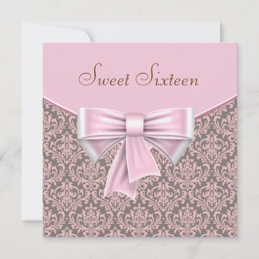 Pink Brown Damask Sweet 16 Party Einladung (Vorderseite)
