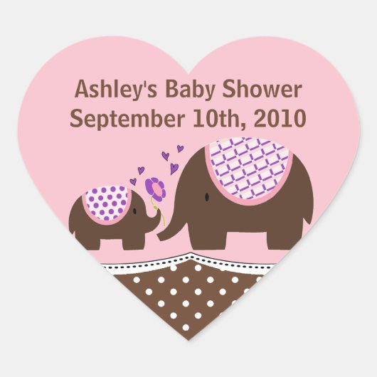 Pink & Brown Elephant Baby Dusche Heftpflaster Herz-Aufkleber (Vorderseite)