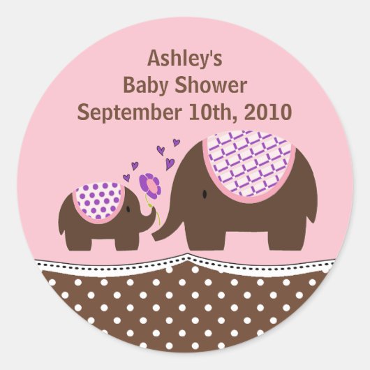 Pink & Brown Elephant Babydusche Aufkleber (Vorderseite)