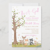 Pink Brown Girl Watercolor Waldtiere Einladung (Vorderseite)