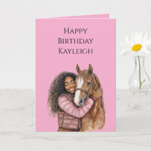 Pink Brown Horse Black Hair Girl Geburtstag Karte