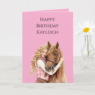 Pink Brown Horse Blond Hair Girl Geburtstag Karte