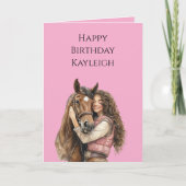 Pink Brown Horse Brown Haare Girl Birthday Karte (Vorderseite)