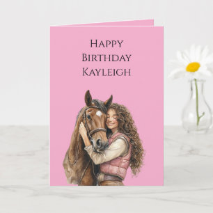 Pink Brown Horse Brown Haare Girl Birthday Karte