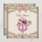 Pink Brown Lace African American Baby Girl Dusche Einladung (Vorne/Hinten)