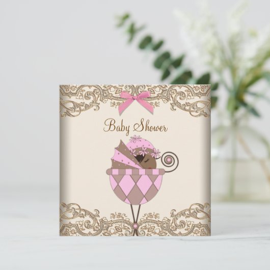 Pink Brown Lace African American Baby Girl Dusche Einladung (Stehend Vorderseite)