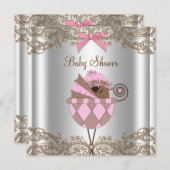 Pink Brown Lace African American Baby Girl Dusche Einladung (Vorne/Hinten)