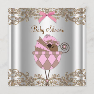 Pink Brown Lace African American Baby Girl Dusche Einladung