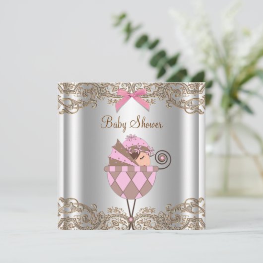 Pink Brown Lace Girl Babydusche Einladung (Stehend Vorderseite)