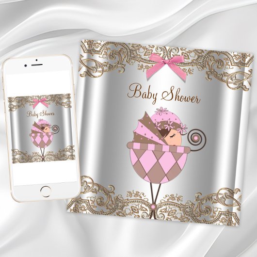 Pink Brown Lace Girl Babydusche Einladung