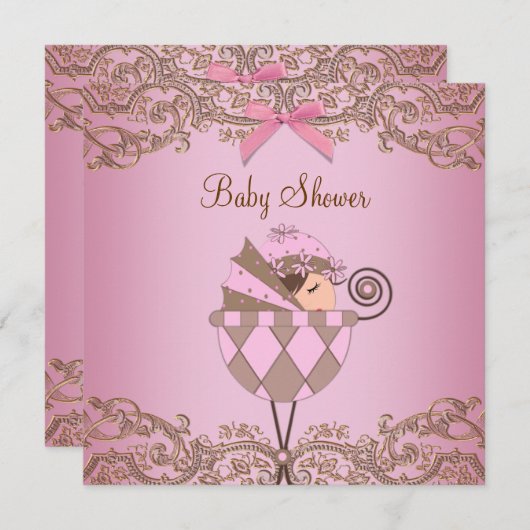 Pink Brown Lace Girl Kinderdusche Einladungen (Vorne/Hinten)