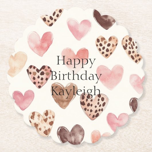 Pink Brown Leopard Print Hearts Geburtstag Untersetzer (Vorderseite)