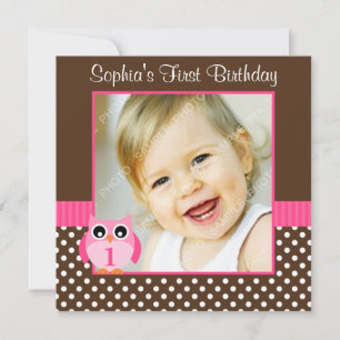 Pink Brown Owl Polka Dot 1. Geburtstag Girl Foto Einladung